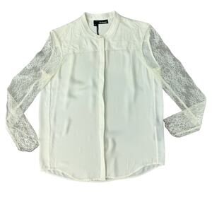 Kooples White Crepe Leather Detail Floral Lace Long Sleeve Button Down Blouse XS